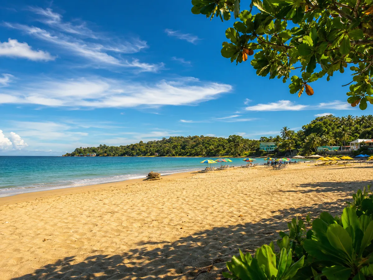 Karibikküste bei Puerto Limón mit Strand und tropischer Vegetation